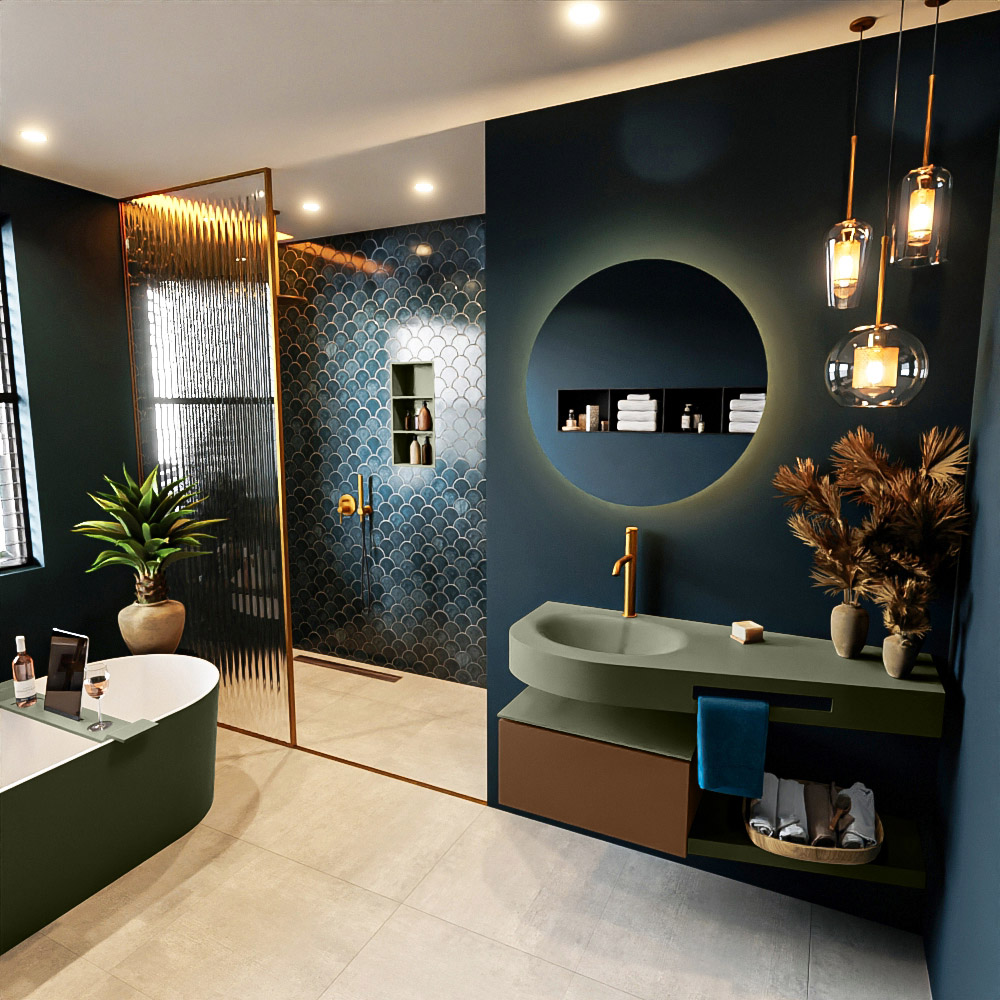 MONDIAZ RIVA 120cm mueble de baño / estante color Rust con 1 cajón. Lavabo DULCET Izquierda 1 orificio, color Army. 1 MONDIAZ RIVA 120cm mueble de baño / estante color Rust con 1 cajón. Lavabo DULCET Izquierda 1 orificio