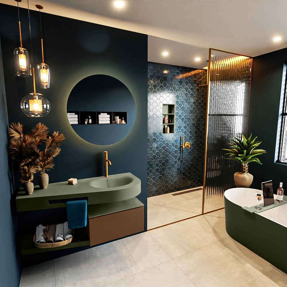 MONDIAZ RIVA 120cm mueble de baño / estante color Rust con 1 cajón. Lavabo DULCET Derecho 1 orificio, color Army. 1 MONDIAZ RIVA 120cm mueble de baño / estante color Rust con 1 cajón. Lavabo DULCET Derecho 1 orificio