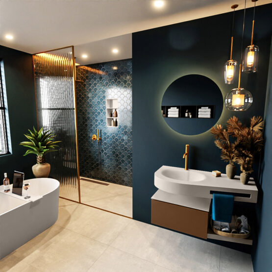 MONDIAZ RIVA 100cm mueble de baño / estante color Rust con 1 cajón. Lavabo DULCET Izquierda 1 orificio