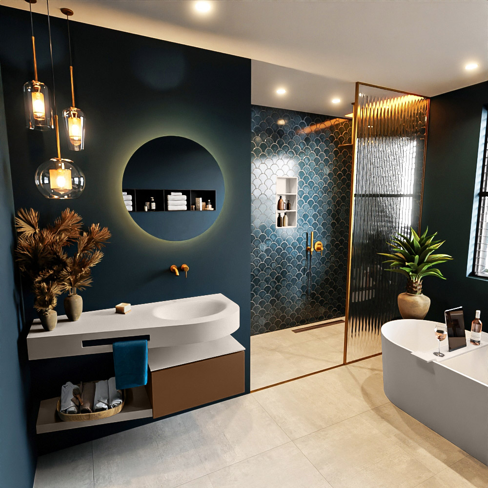 MONDIAZ RIVA 120cm mueble de baño / estante color Rust con 1 cajón. Lavabo DULCET Derecho sin orificio, color Linen. 1 MONDIAZ RIVA 120cm mueble de baño / estante color Rust con 1 cajón. Lavabo DULCET Derecho sin orificio