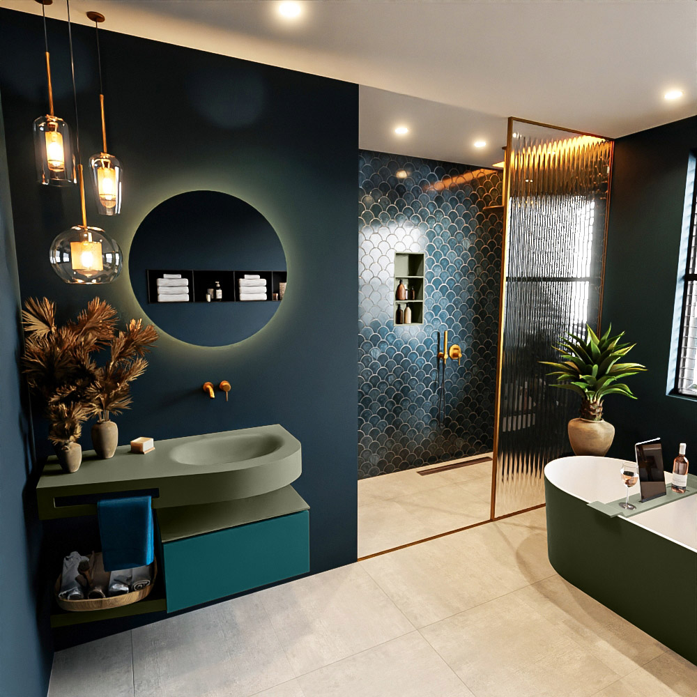 MONDIAZ RIVA 100cm mueble de baño / estante color Smag con 1 cajón. Lavabo DULCET Derecho sin orificio, color Army. 1 MONDIAZ RIVA 100cm mueble de baño / estante color Smag con 1 cajón. Lavabo DULCET Derecho sin orificio