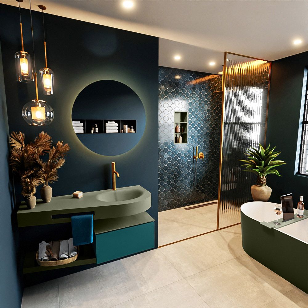 MONDIAZ RIVA 120cm mueble de baño / estante color Smag con 1 cajón. Lavabo DULCET Derecho 1 orificio, color Army. 1 MONDIAZ RIVA 120cm mueble de baño / estante color Smag con 1 cajón. Lavabo DULCET Derecho 1 orificio