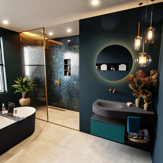 MONDIAZ RIVA 100cm mueble de baño / estante color Smag con 1 cajón. Lavabo DULCET Izquierda sin orificio