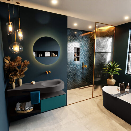 MONDIAZ RIVA 120cm mueble de baño / estante color Smag con 1 cajón. Lavabo DULCET Derecho sin orificio