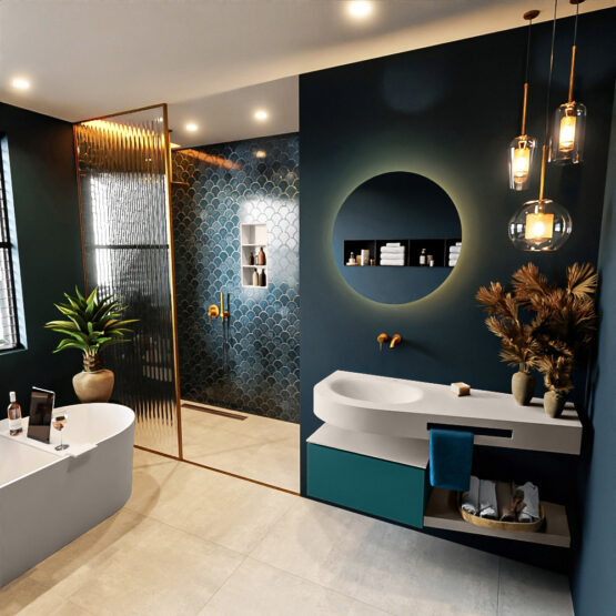 MONDIAZ RIVA 120cm mueble de baño / estante color Smag con 1 cajón. Lavabo DULCET Izquierda sin orificio