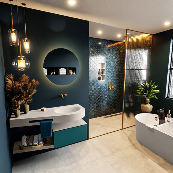 MONDIAZ RIVA 120cm mueble de baño / estante color Smag con 1 cajón. Lavabo DULCET Derecho sin orificio