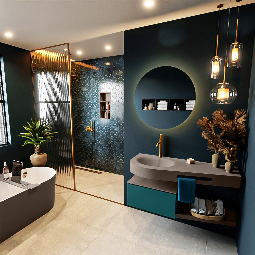 MONDIAZ RIVA 120cm mueble de baño / estante color Smag con 1 cajón. Lavabo DULCET Izquierda 1 orificio, color Smoke. 1 MONDIAZ RIVA 120cm mueble de baño / estante color Smag con 1 cajón. Lavabo DULCET Izquierda 1 orificio