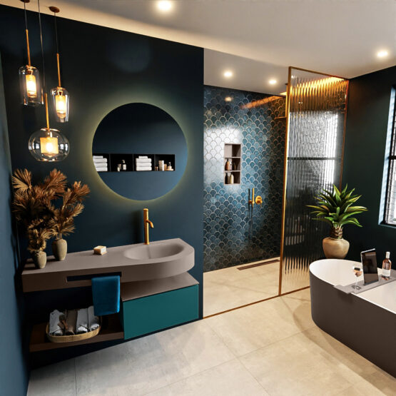 MONDIAZ RIVA 120cm mueble de baño / estante color Smag con 1 cajón. Lavabo DULCET Derecho 1 orificio