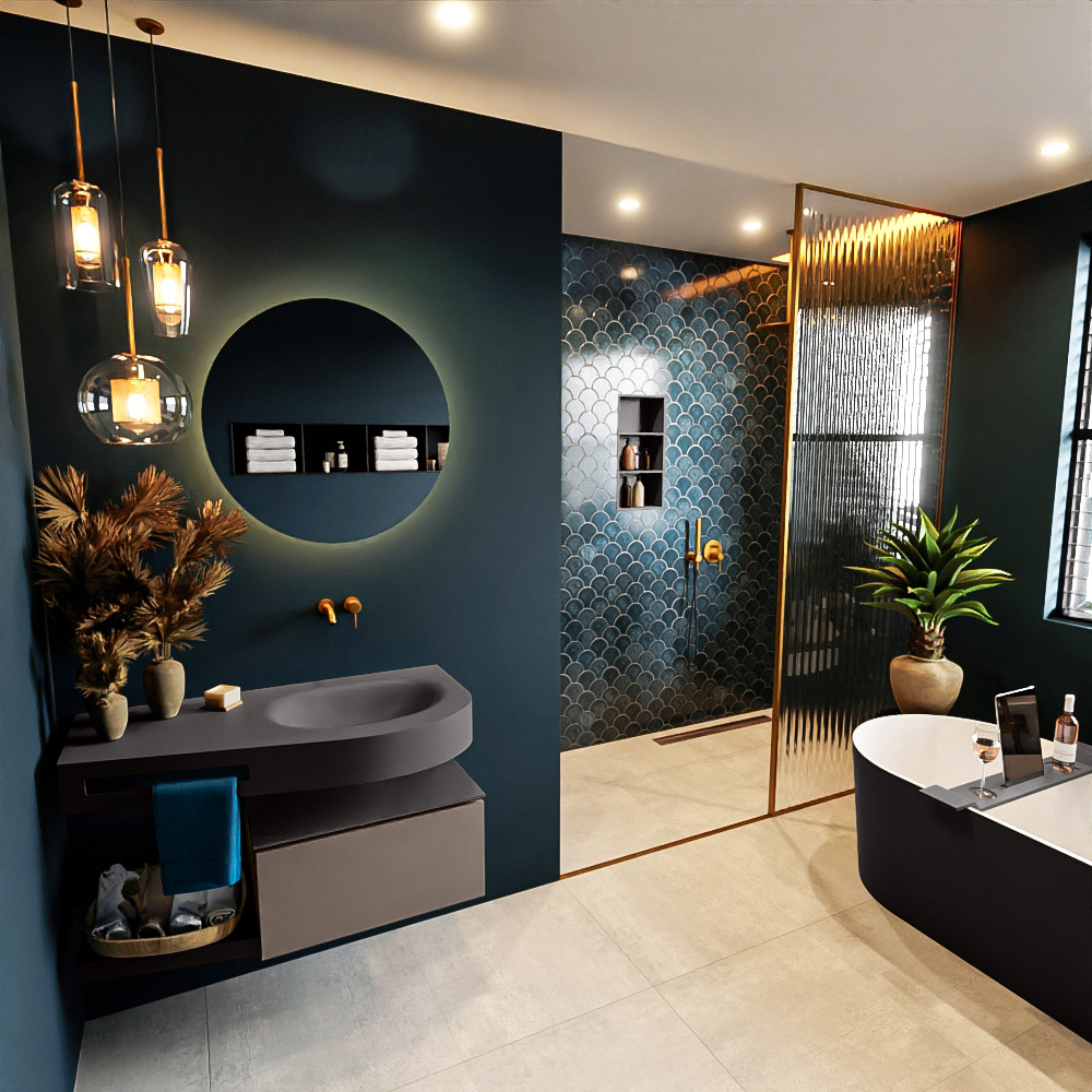 MONDIAZ RIVA 100cm mueble de baño / estante color Smoke con 1 cajón. Lavabo DULCET Derecho sin orificio, color Dark Grey. 1 MONDIAZ RIVA 100cm mueble de baño / estante color Smoke con 1 cajón. Lavabo DULCET Derecho sin orificio