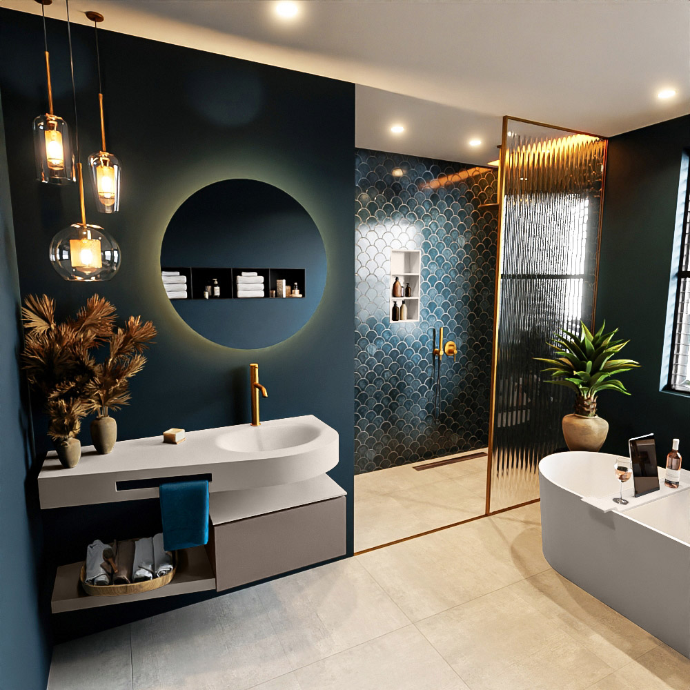 MONDIAZ RIVA 120cm mueble de baño / estante color Smoke con 1 cajón. Lavabo DULCET Derecho 1 orificio, color Linen. 1 MONDIAZ RIVA 120cm mueble de baño / estante color Smoke con 1 cajón. Lavabo DULCET Derecho 1 orificio
