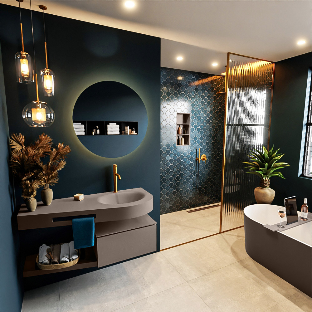 MONDIAZ RIVA 120cm mueble de baño / estante color Smoke con 1 cajón. Lavabo DULCET Derecho 1 orificio, color Smoke. 1 MONDIAZ RIVA 120cm mueble de baño / estante color Smoke con 1 cajón. Lavabo DULCET Derecho 1 orificio