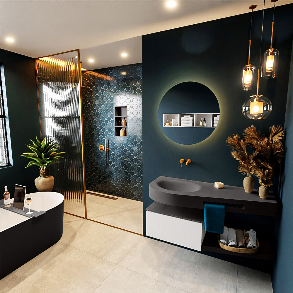 MONDIAZ RIVA 120cm mueble de baño / estante color Talc con 1 cajón. Lavabo DULCET Izquierda sin orificio, color Dark Grey. 1 MONDIAZ RIVA 120cm mueble de baño / estante color Talc con 1 cajón. Lavabo DULCET Izquierda sin orificio