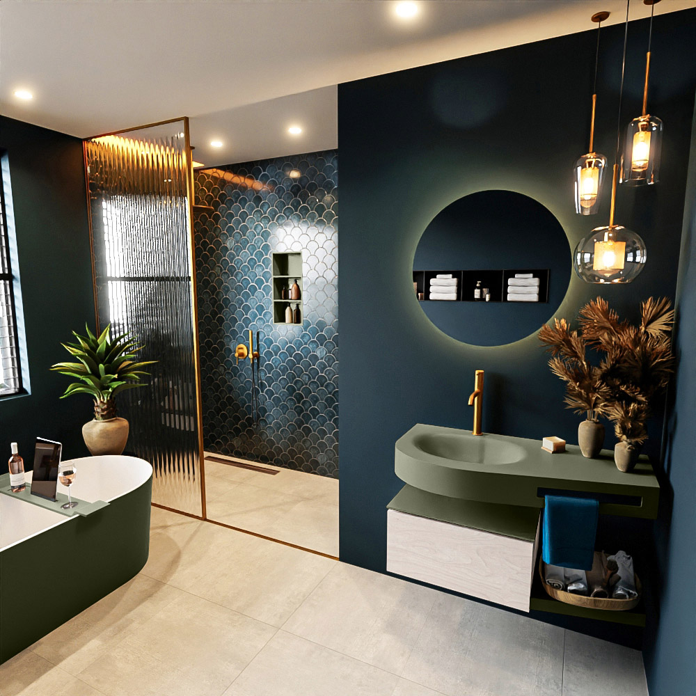 MONDIAZ RIVA 100cm mueble de baño / estante color Underlayment con 1 cajón. Lavabo DULCET Izquierda 1 orificio, color Army. 1 MONDIAZ RIVA 100cm mueble de baño / estante color Underlayment con 1 cajón. Lavabo DULCET Izquierda 1 orificio