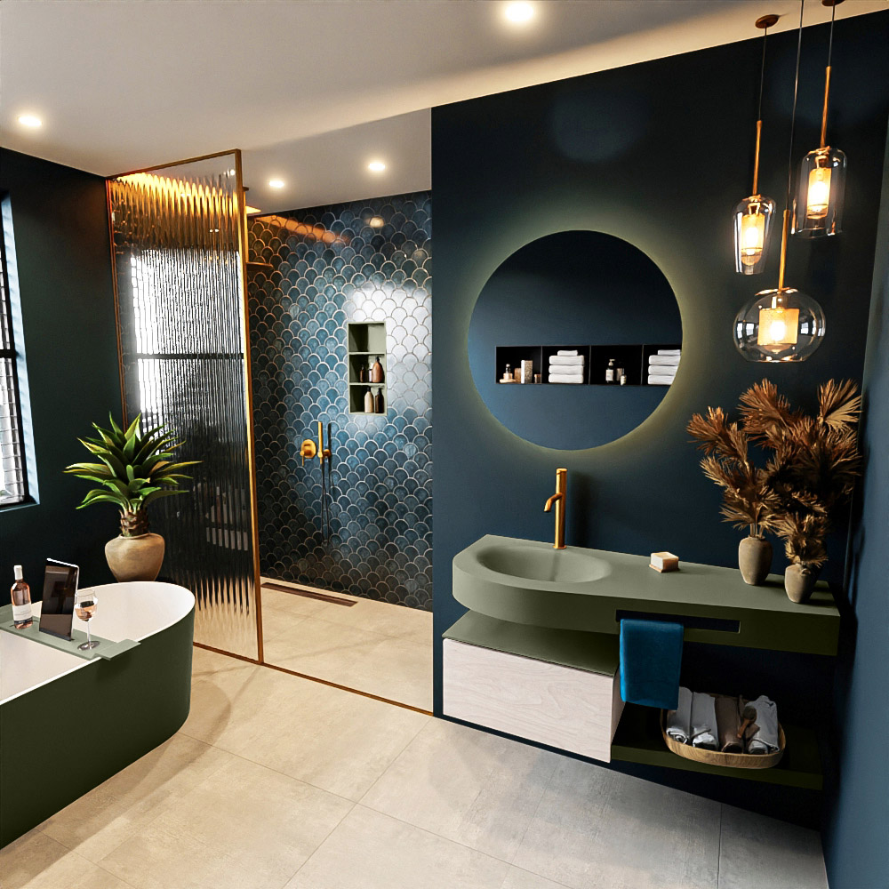 MONDIAZ RIVA 120cm mueble de baño / estante color Underlayment con 1 cajón. Lavabo DULCET Izquierda 1 orificio, color Army. 1 MONDIAZ RIVA 120cm mueble de baño / estante color Underlayment con 1 cajón. Lavabo DULCET Izquierda 1 orificio