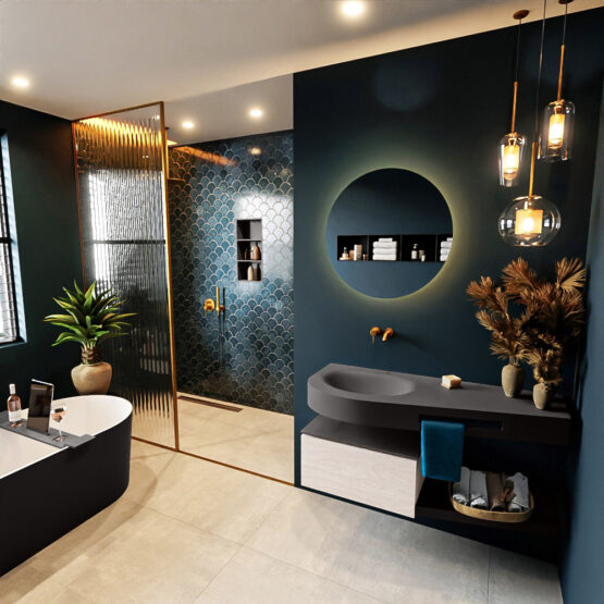 MONDIAZ RIVA 120cm mueble de baño / estante color Underlayment con 1 cajón. Lavabo DULCET Izquierda sin orificio