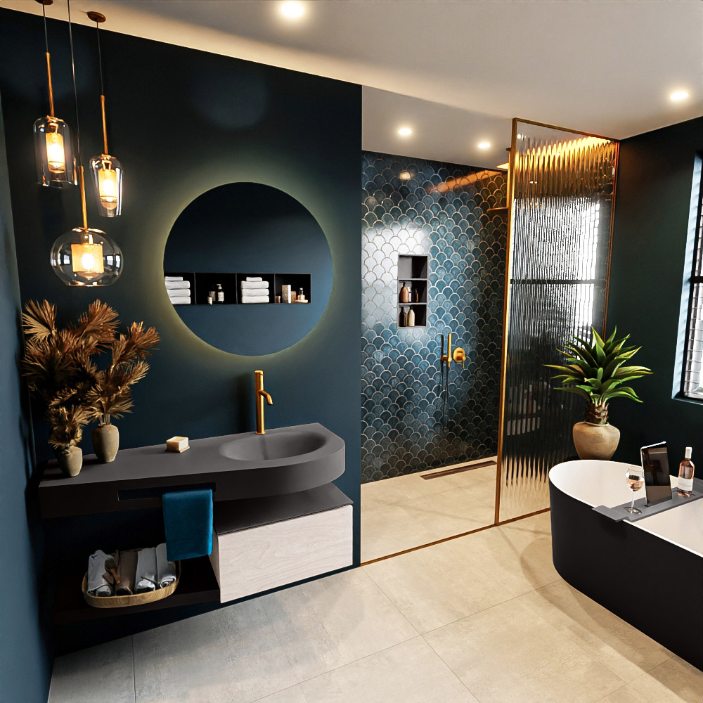 MONDIAZ RIVA 120cm mueble de baño / estante color Underlayment con 1 cajón. Lavabo DULCET Derecho 1 orificio, color Dark Grey. 1 MONDIAZ RIVA 120cm mueble de baño / estante color Underlayment con 1 cajón. Lavabo DULCET Derecho 1 orificio