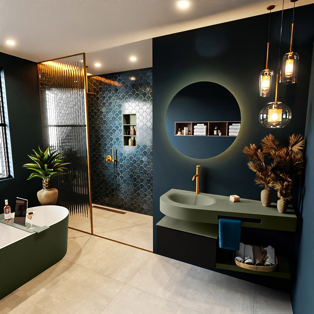 MONDIAZ RIVA 120cm mueble de baño / estante color Urban con 1 cajón. Lavabo DULCET Izquierda 1 orificio, color Army. 1 MONDIAZ RIVA 120cm mueble de baño / estante color Urban con 1 cajón. Lavabo DULCET Izquierda 1 orificio