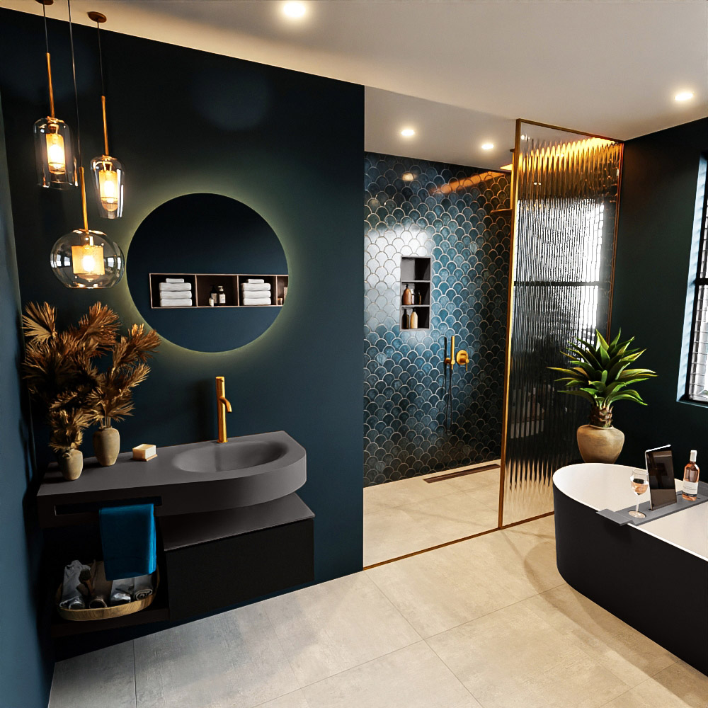 MONDIAZ RIVA 100cm mueble de baño / estante color Urban con 1 cajón. Lavabo DULCET Derecho 1 orificio, color Dark Grey. 1 MONDIAZ RIVA 100cm mueble de baño / estante color Urban con 1 cajón. Lavabo DULCET Derecho 1 orificio