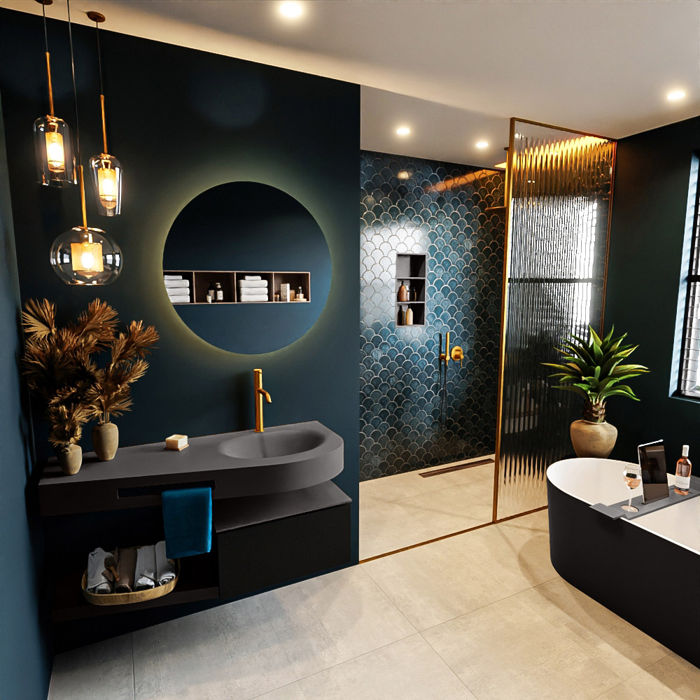 MONDIAZ RIVA 120cm mueble de baño / estante color Urban con 1 cajón. Lavabo DULCET Derecho 1 orificio, color Dark Grey. 1 MONDIAZ RIVA 120cm mueble de baño / estante color Urban con 1 cajón. Lavabo DULCET Derecho 1 orificio