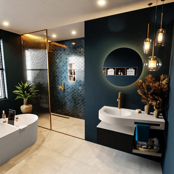 MONDIAZ RIVA 100cm mueble de baño / estante color Urban con 1 cajón. Lavabo DULCET Izquierda 1 orificio