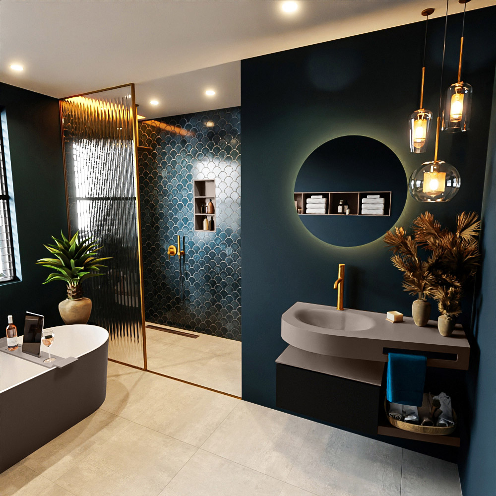 MONDIAZ RIVA 100cm mueble de baño / estante color Urban con 1 cajón. Lavabo DULCET Izquierda 1 orificio, color Smoke. 1 MONDIAZ RIVA 100cm mueble de baño / estante color Urban con 1 cajón. Lavabo DULCET Izquierda 1 orificio