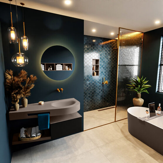 MONDIAZ RIVA 120cm mueble de baño / estante color Urban con 1 cajón. Lavabo DULCET Derecho sin orificio