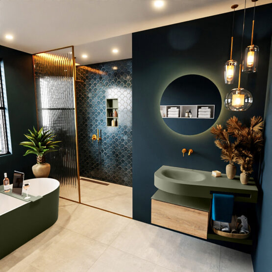 MONDIAZ RIVA 100cm mueble de baño / estante color Washed Oak con 1 cajón. Lavabo DULCET Izquierda sin orificio