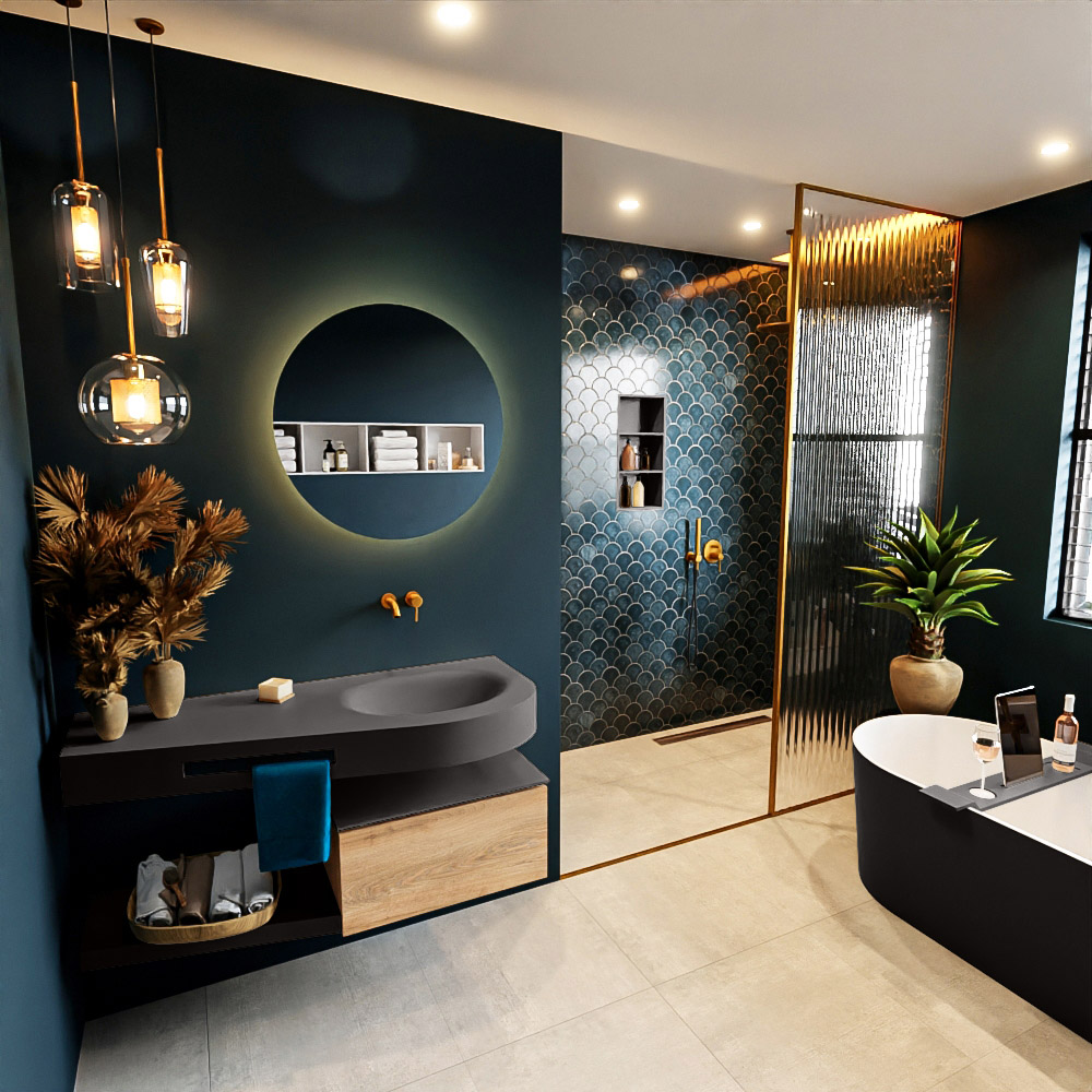 MONDIAZ RIVA 120cm mueble de baño / estante color Washed Oak con 1 cajón. Lavabo DULCET Derecho sin orificio, color Dark Grey. 1 MONDIAZ RIVA 120cm mueble de baño / estante color Washed Oak con 1 cajón. Lavabo DULCET Derecho sin orificio