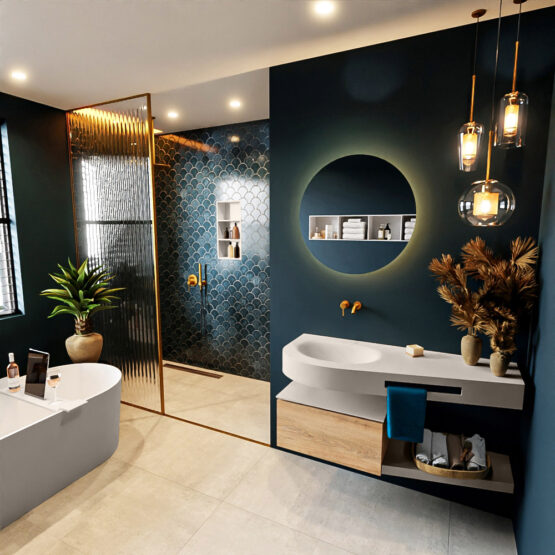 MONDIAZ RIVA 120cm mueble de baño / estante color Washed Oak con 1 cajón. Lavabo DULCET Izquierda sin orificio