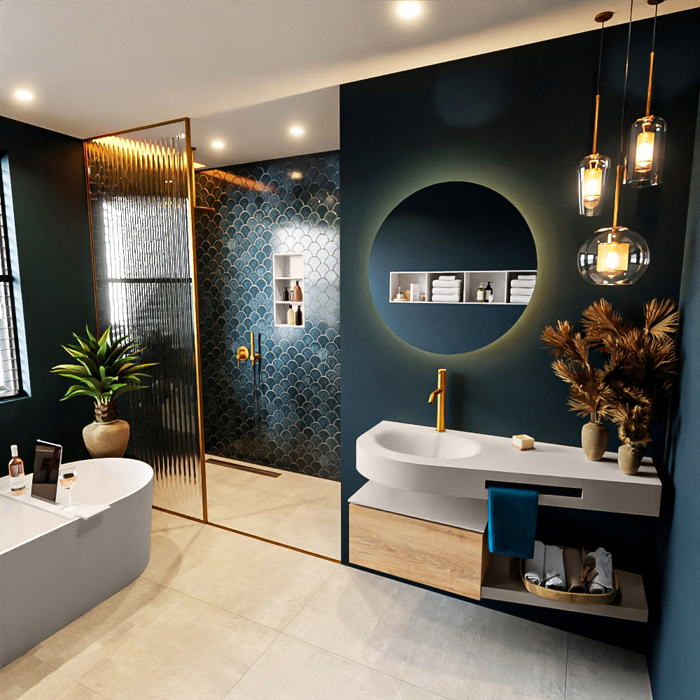 MONDIAZ RIVA 120cm mueble de baño / estante color Washed Oak con 1 cajón. Lavabo DULCET Izquierda 1 orificio, color Linen. 1 MONDIAZ RIVA 120cm mueble de baño / estante color Washed Oak con 1 cajón. Lavabo DULCET Izquierda 1 orificio