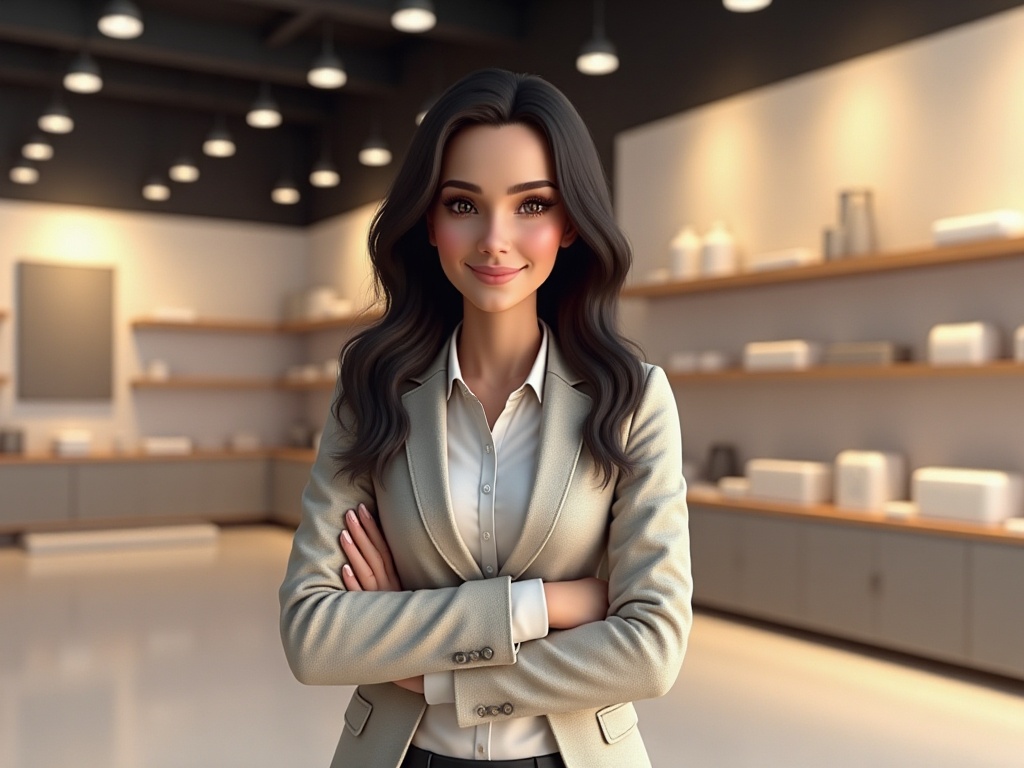 Adria, asistente virtual de Adrihosan, de pie en un entorno moderno, con características mediterráneas y un enfoque profesional.