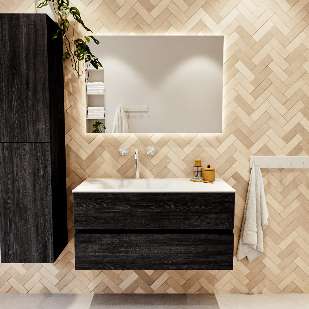 MONDIAZ VICA 100cm mueble de baño Antracite 2 cajones. Lavabo CLOUD Izquierda 1 orificio, color Talc. 2 color Talc.