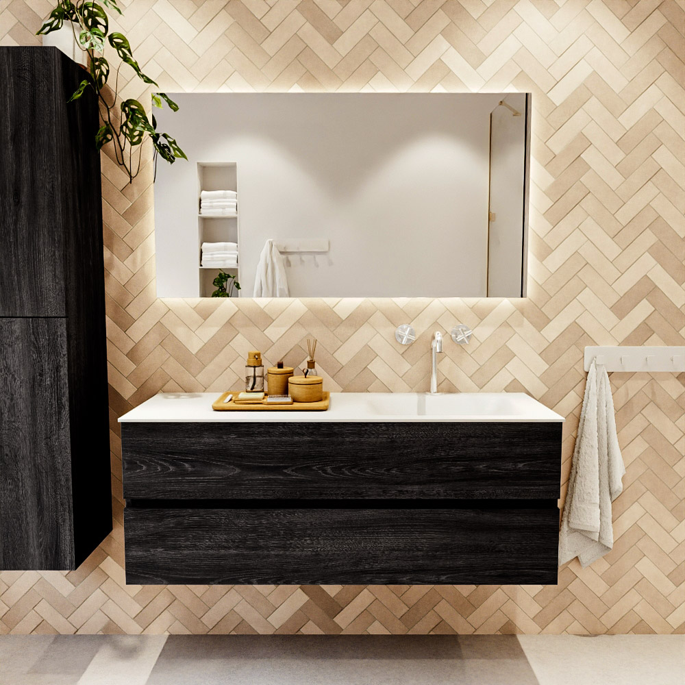 MONDIAZ VICA 130cm mueble de baño Antracite 2 cajones. Lavabo CLOUD Derecho 1 orificio, color Talc. 2 color Talc.
