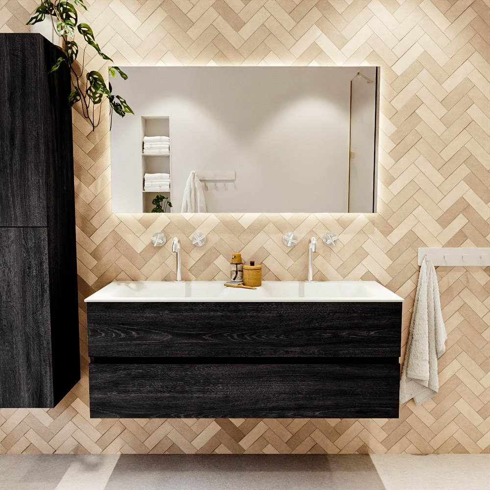 MONDIAZ VICA 130cm mueble de baño Antracite 2 cajones. Lavabo CLOUD Doble 2 orificios, color Talc. 2 color Talc.