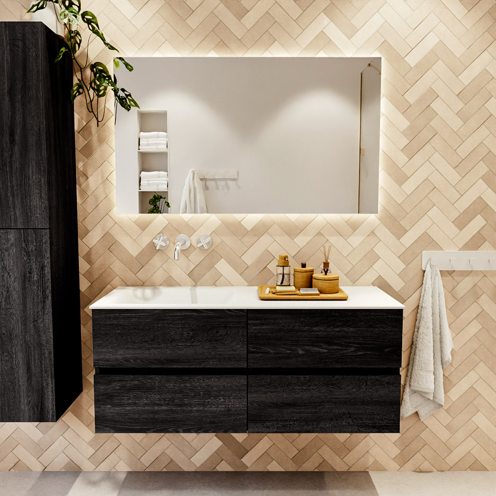 MONDIAZ VICA 120cm mueble de baño Antracite 4 cajones. Lavabo CLOUD Izquierda sin orificio, color Talc. 2 color Talc.
