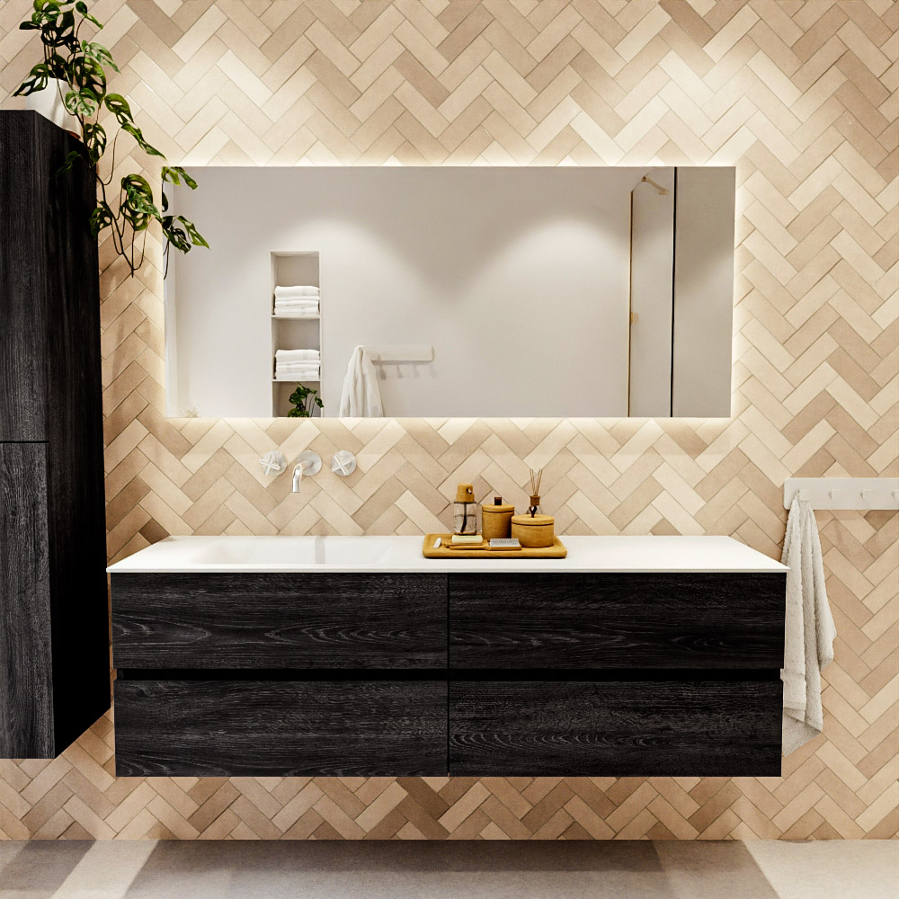 MONDIAZ VICA 160cm mueble de baño Antracite 4 cajones. Lavabo CLOUD Izquierda sin orificio, color Talc. 2 color Talc.