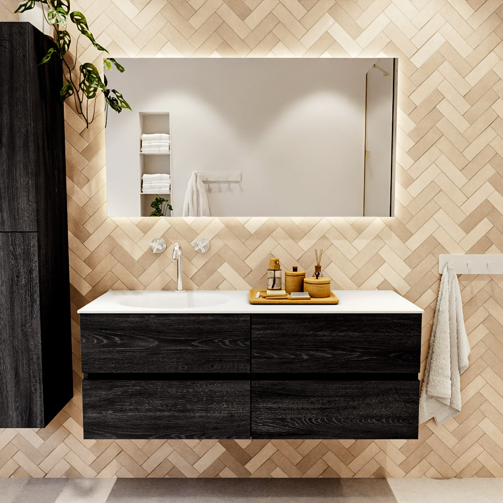 MONDIAZ VICA 130cm mueble de baño Antracite 4 cajones. Lavabo MOON Izquierda 1 orificio, color Talc. 2 color Talc.