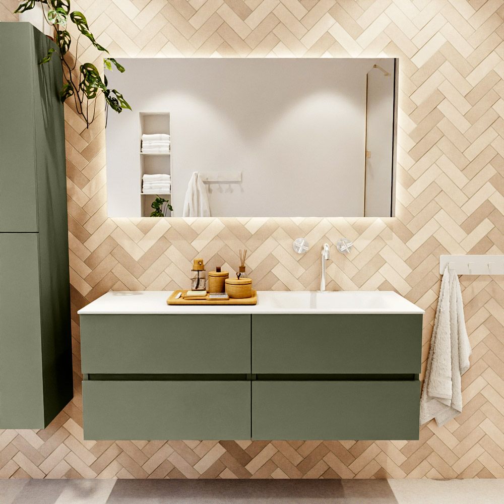 MONDIAZ VICA 130cm mueble de baño Army 4 cajones. Lavabo CLOUD Derecho 1 orificio, color Talc. 2 color Talc.