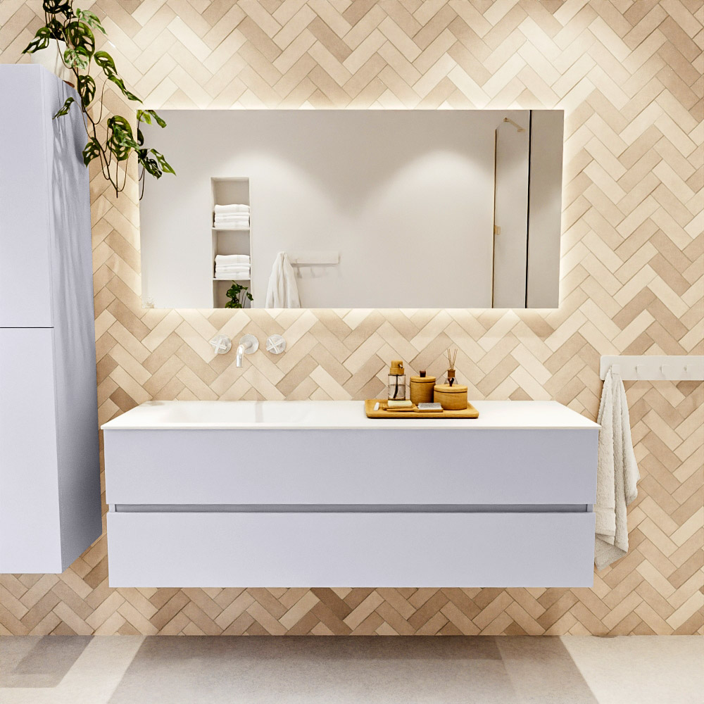 MONDIAZ VICA 150cm mueble de baño Cale 2 cajones. Lavabo CLOUD Izquierda sin orificio, color Talc. 2 color Talc.