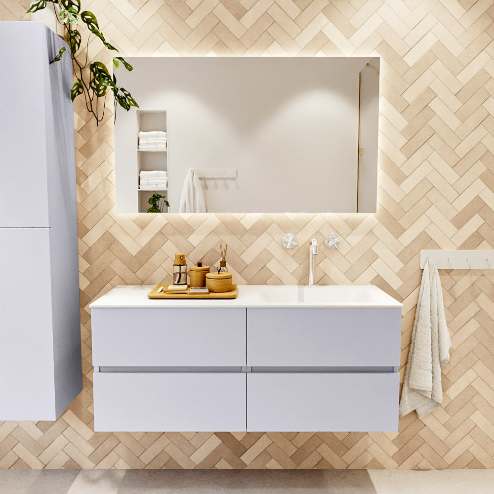 MONDIAZ VICA 120cm mueble de baño Cale 4 cajones. Lavabo CLOUD Derecho 1 orificio, color Talc. 2 color Talc.