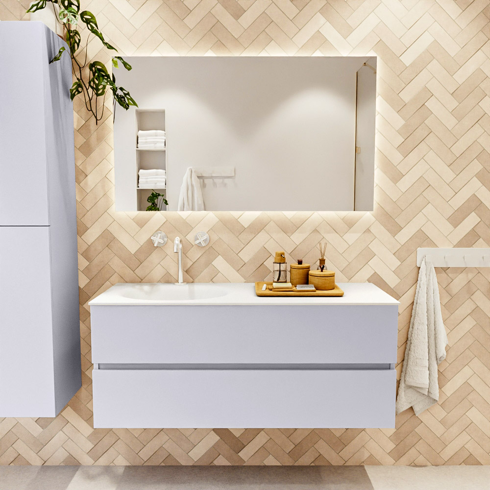 MONDIAZ VICA 120cm mueble de baño Cale 2 cajones. Lavabo MOON Izquierda 1 orificio, color Talc. 2 color Talc.