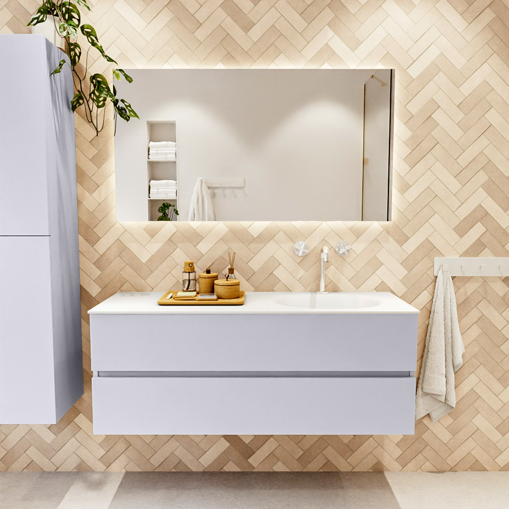 MONDIAZ VICA 130cm mueble de baño Cale 2 cajones. Lavabo MOON Derecho 1 orificio, color Talc. 2 color Talc.