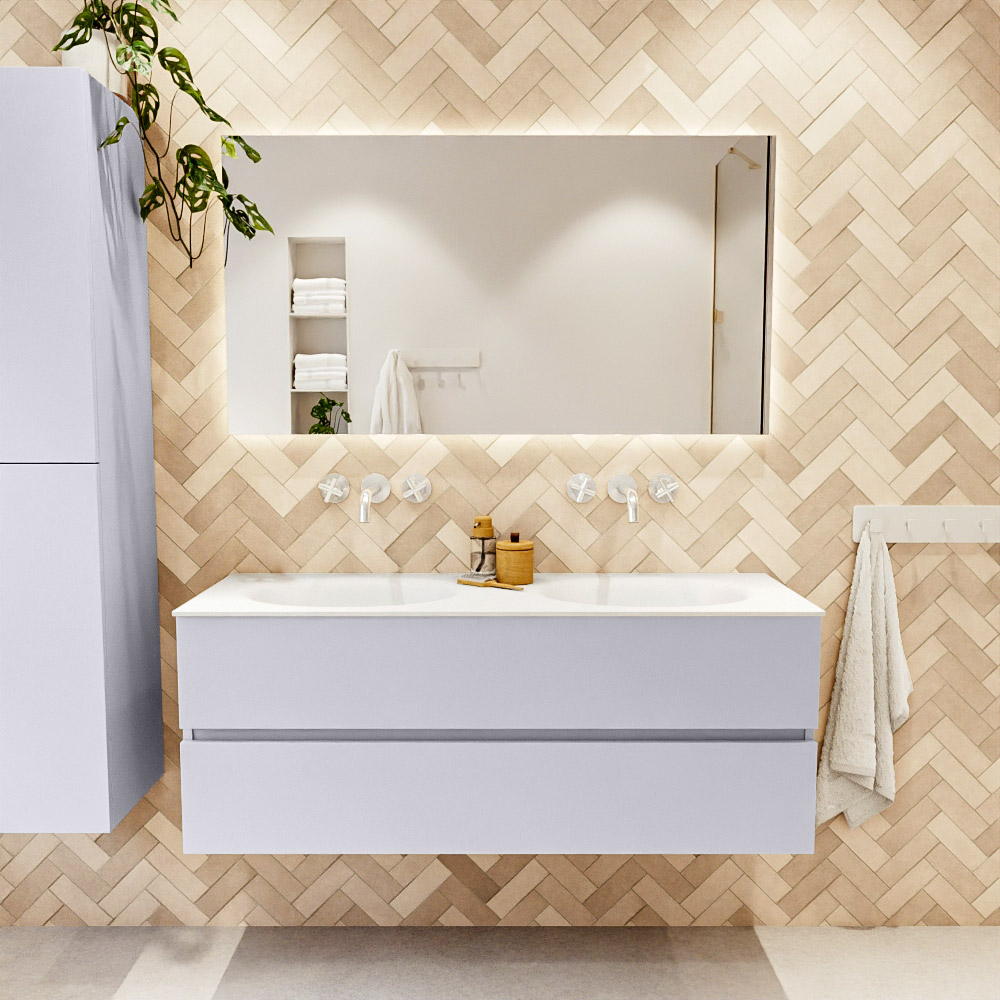 MONDIAZ VICA 130cm mueble de baño Cale 2 cajones. Lavabo MOON Doble sin orificio, color Talc. 2 color Talc.