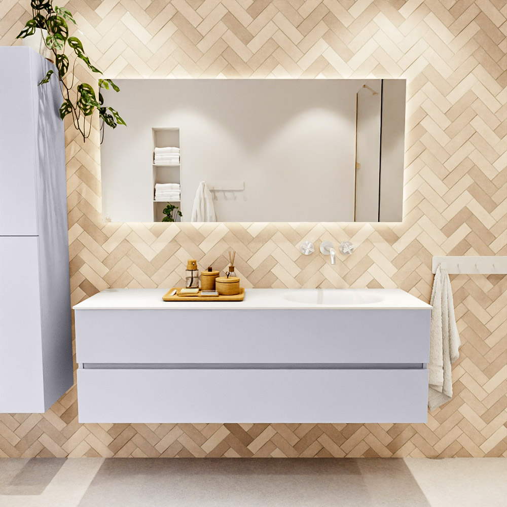 MONDIAZ VICA 150cm mueble de baño Cale 2 cajones. Lavabo MOON Derecho sin orificio, color Talc. 2 color Talc.