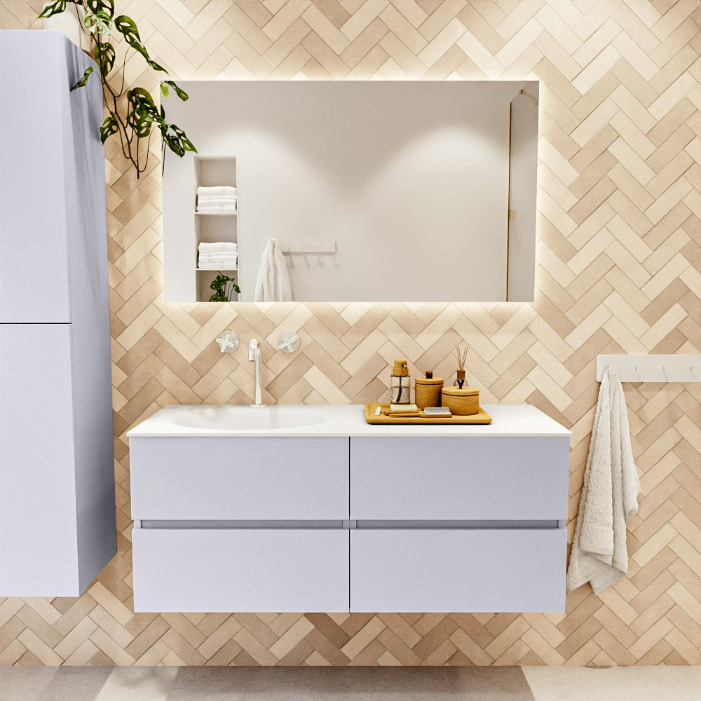 MONDIAZ VICA 120cm mueble de baño Cale 4 cajones. Lavabo MOON Izquierda 1 orificio, color Talc. 2 color Talc.