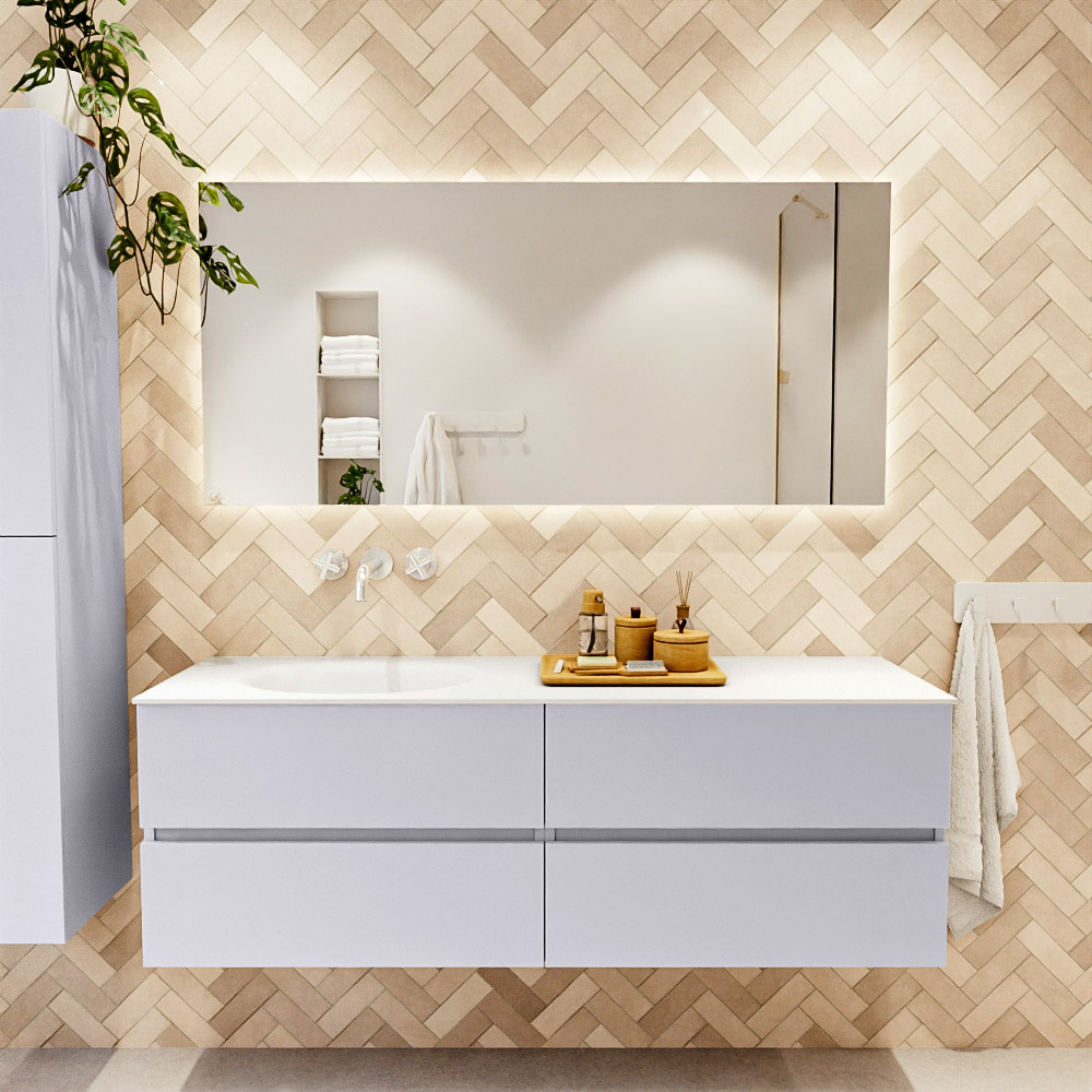 MONDIAZ VICA 150cm mueble de baño Cale 4 cajones. Lavabo MOON Izquierda sin orificio, color Talc. 2 color Talc.