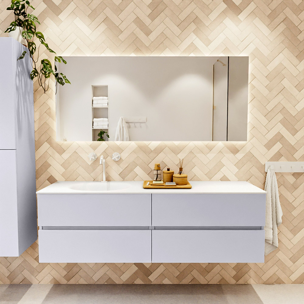 MONDIAZ VICA 160cm mueble de baño Cale 4 cajones. Lavabo MOON Izquierda 1 orificio, color Talc. 2 color Talc.