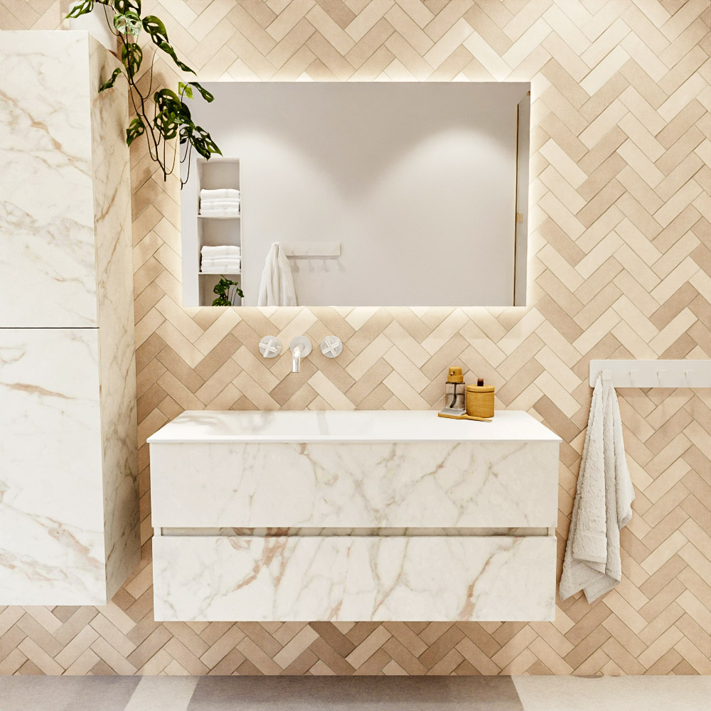 MONDIAZ VICA 110cm mueble de baño Carrara 2 cajones. Lavabo CLOUD Izquierda sin orificio, color Talc. 2 color Talc.