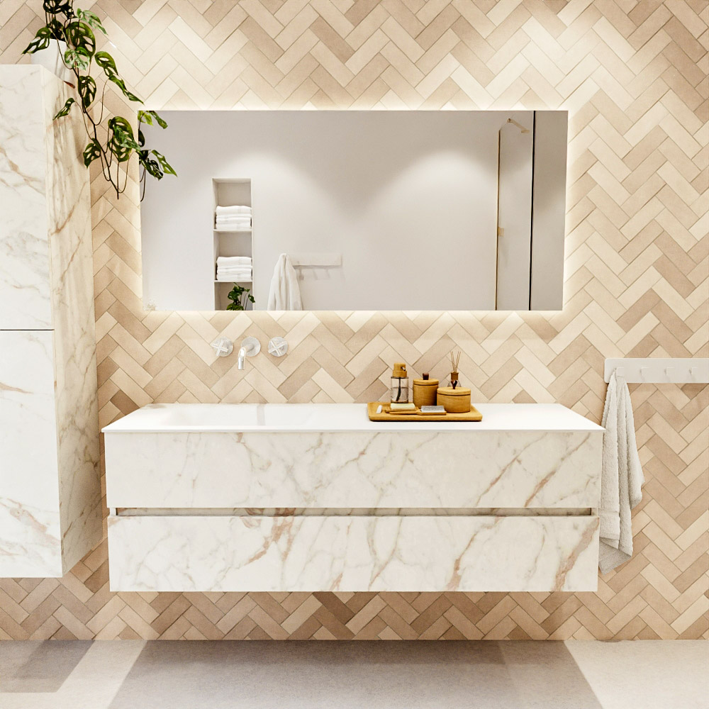 MONDIAZ VICA 150cm mueble de baño Carrara 2 cajones. Lavabo CLOUD Izquierda sin orificio, color Talc. 2 color Talc.