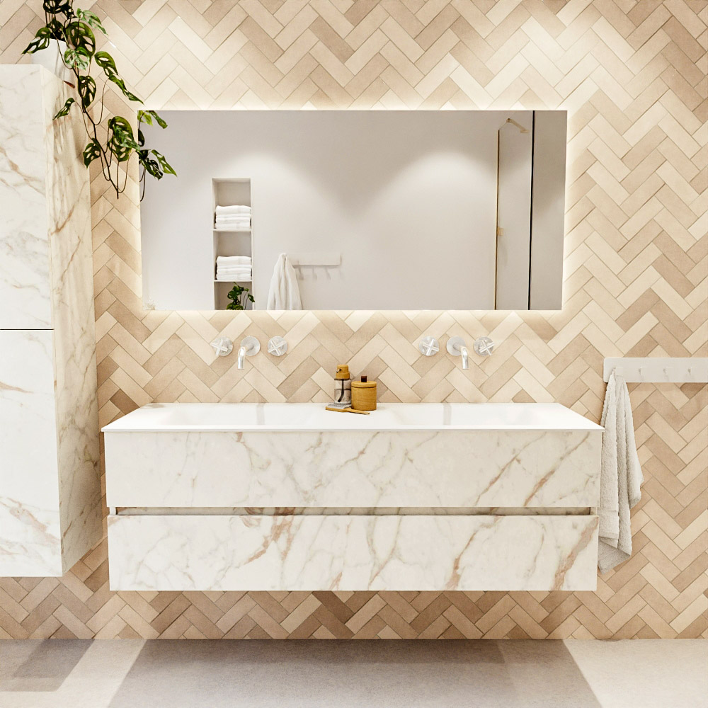 MONDIAZ VICA 150cm mueble de baño Carrara 2 cajones. Lavabo CLOUD Doble sin orificio, color Talc. 2 color Talc.